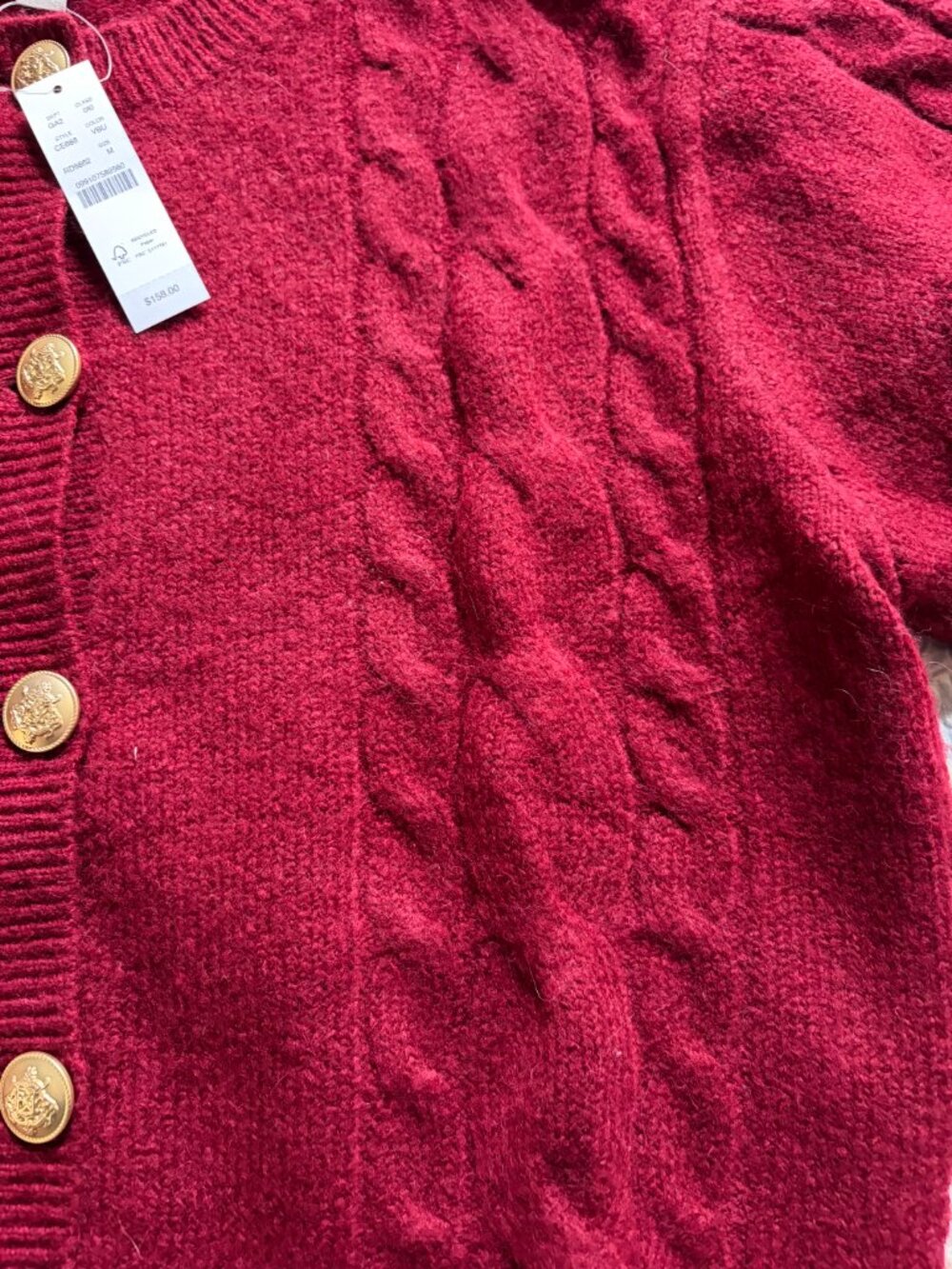 NWT J. Crew Women's M Burgundy-Red Wool Blend Cableknit Cardigan w/Gold Buttons - Picture 11 of 12